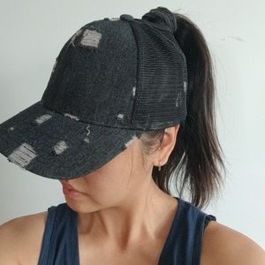 Denim and mesh ponytail baseball cap